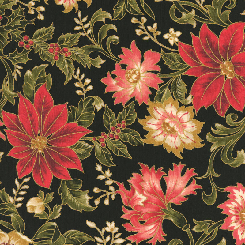 Black fabric featuring large poinsettias, elegant flowers, and holly with gold metallic accents.