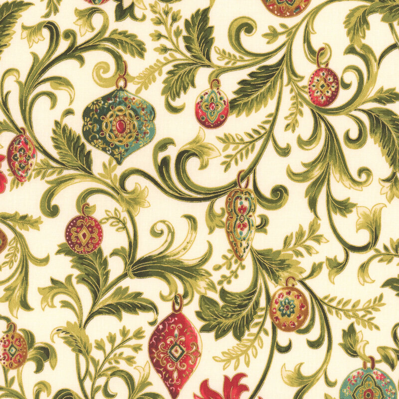 Cream fabric featuring elegant scrolling vines, flowers, and elaborate ornaments with gold metallic accents.