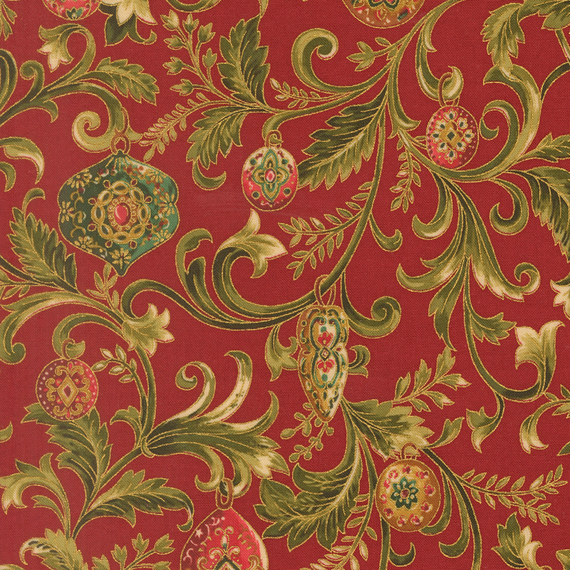 Deep red fabric featuring elegant scrolling vines, flowers, and elaborate ornaments with gold metallic accents.. 