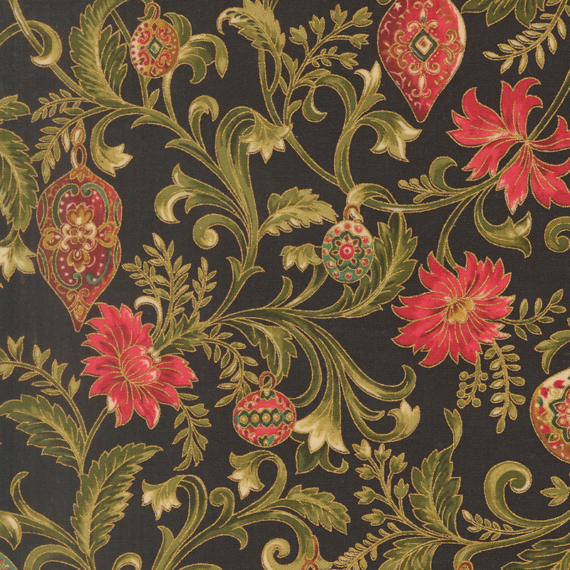 Black fabric featuring elegant scrolling vines, flowers, and elaborate ornaments with gold metallic accents.. 