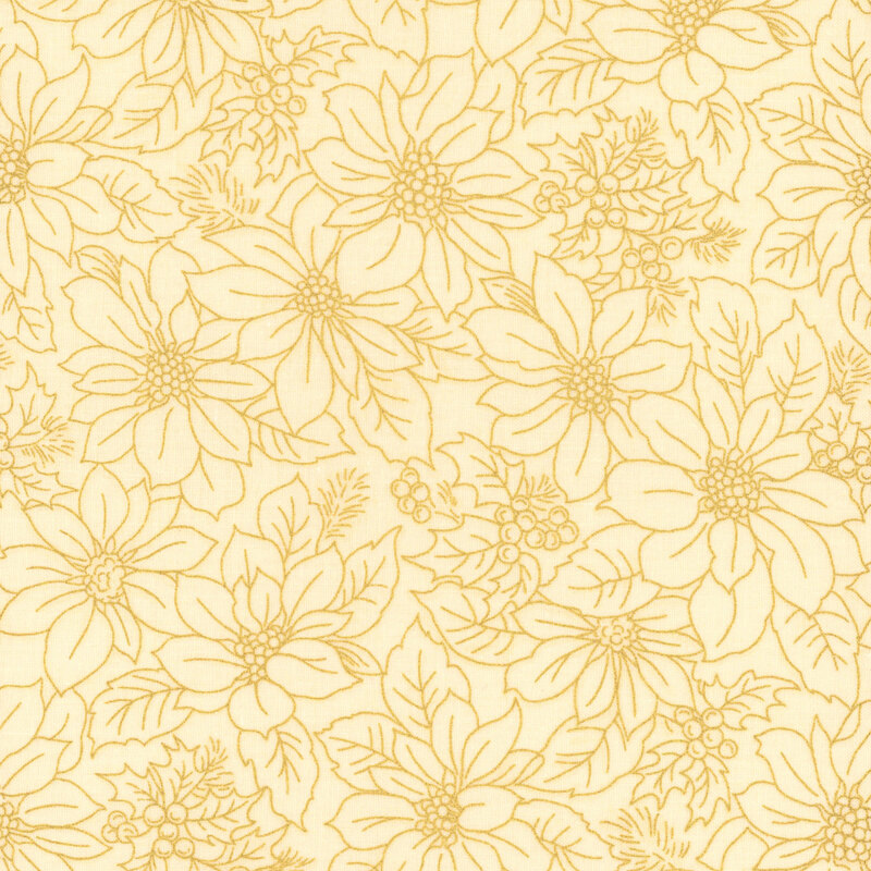 Poinsettia and holly in gold metallic outlines on cream fabric.