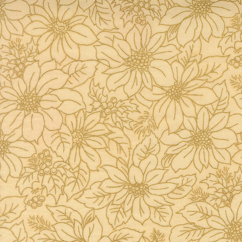 Poinsettia and holly in gold metallic outlines on cream fabric.