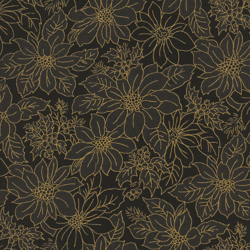 Poinsettia and holly in gold metallic outlines on black fabric.