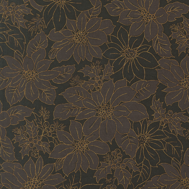 Poinsettia and holly in gold metallic outlines on black fabric.