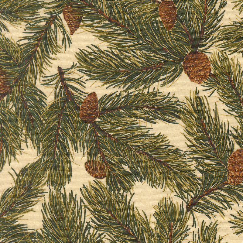Fir tree branches, pinecones and gold metallic accents on cream fabric.