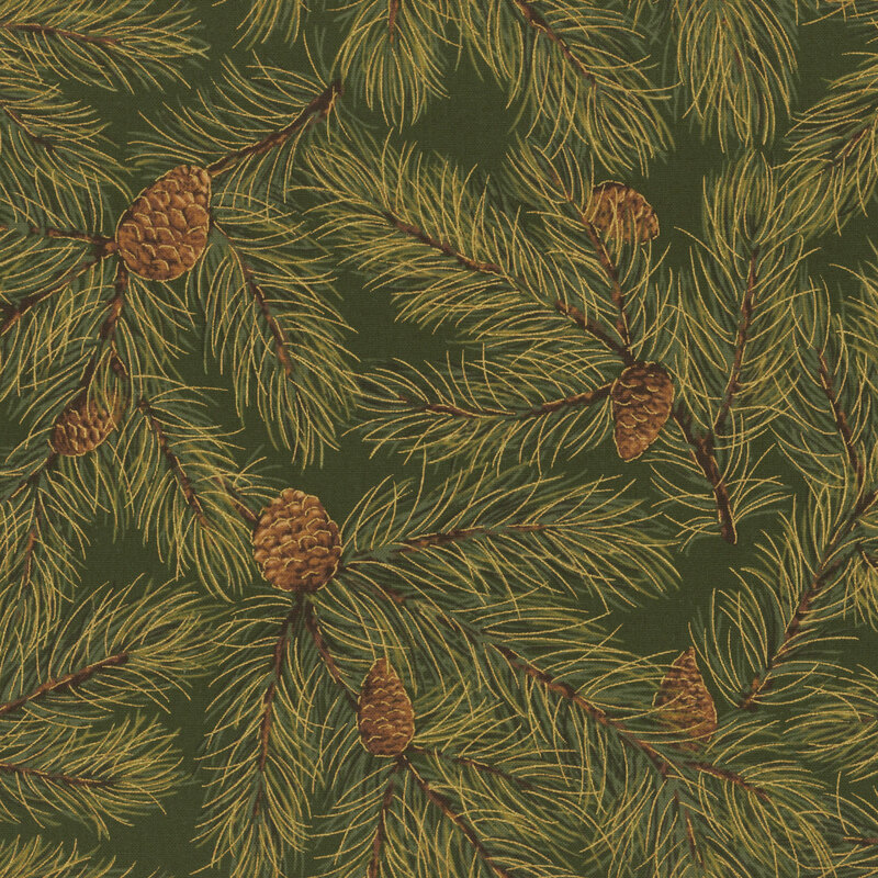 Fir tree branches, pinecones and gold metallic accents on forest green fabric.