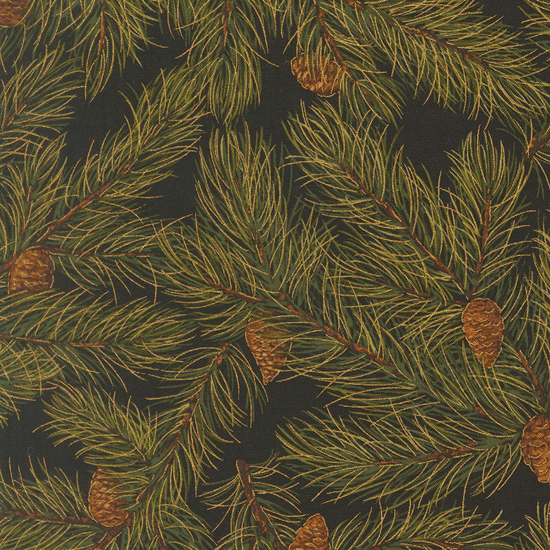 Fir tree branches, pinecones and gold metallic accents on black fabric.