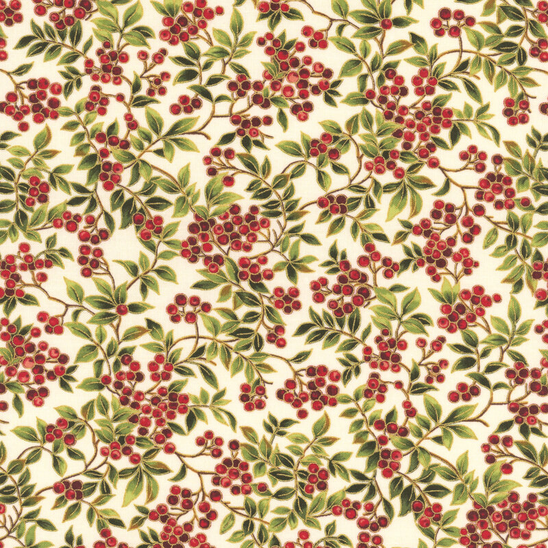 Red holly berries on long branches with gold metallic accents on cream fabric.