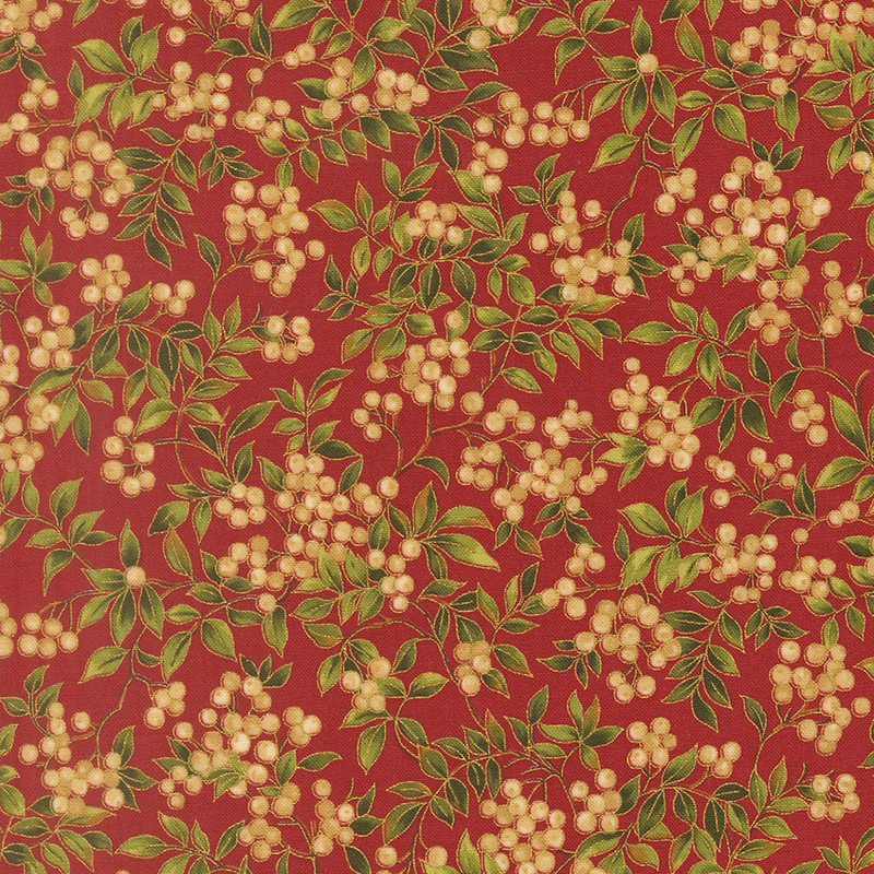 White holly berries on long branches with gold metallic accents on deep red fabric.