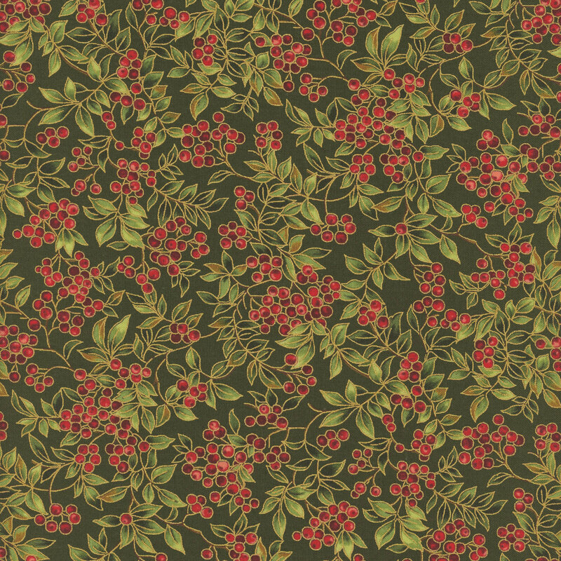 Red holly berries on long branches with gold metallic accents on forest green fabric.