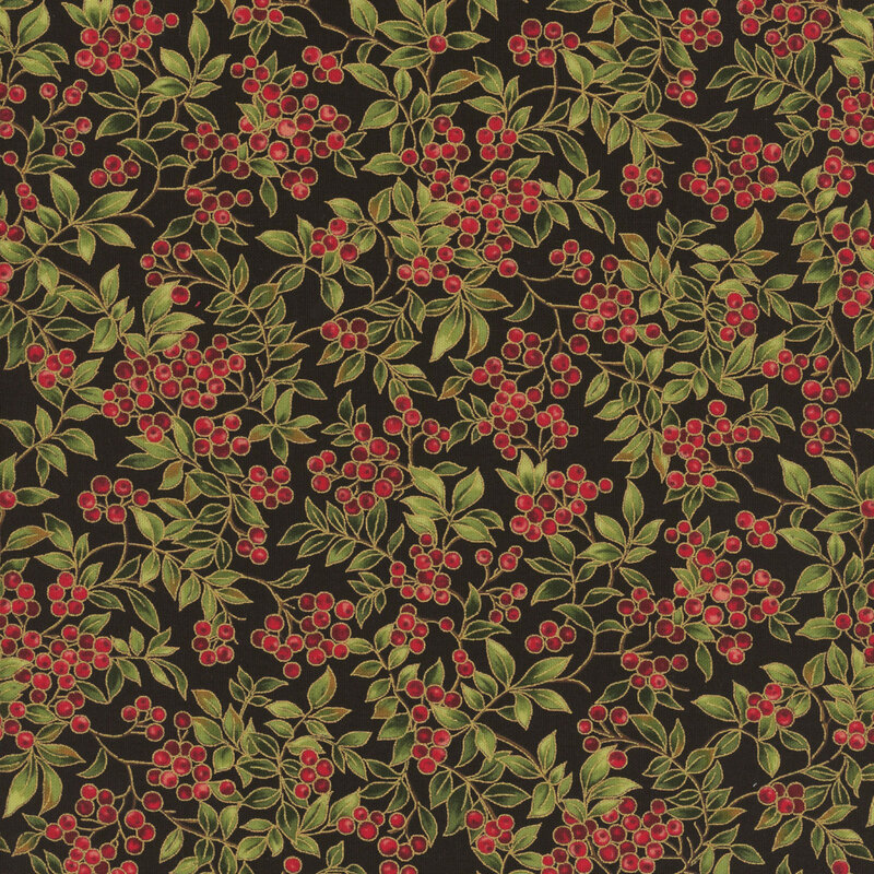 Red holly berries on long branches with gold metallic accents on black fabric.