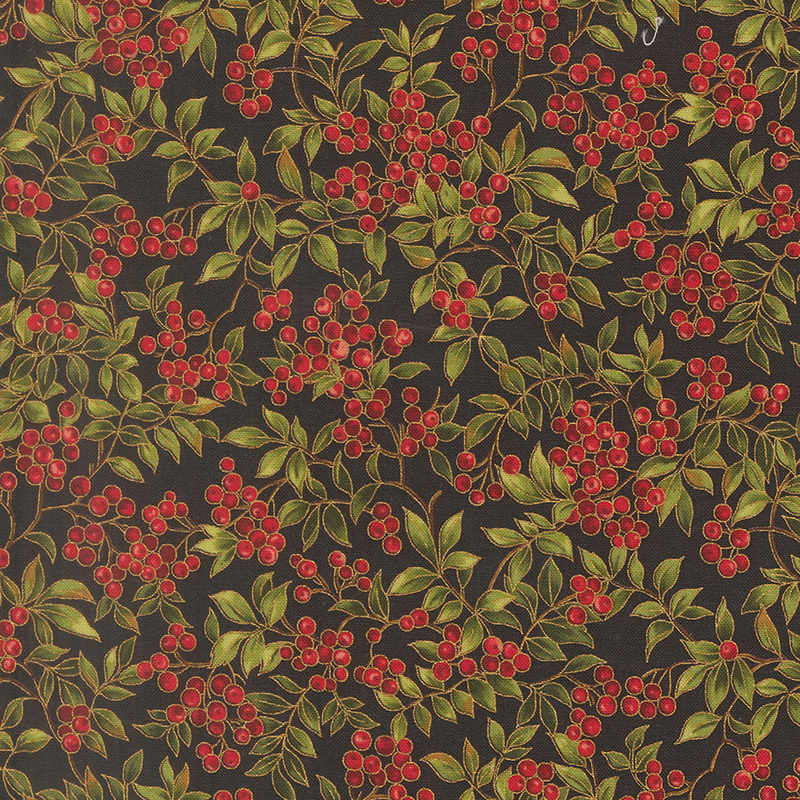 Red holly berries on long branches with gold metallic accents on black fabric.