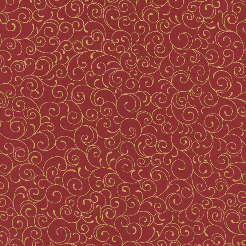 Deep red fabric featuring delicate gold metallic swirling lines.