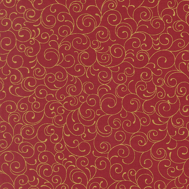 Deep red fabric featuring delicate gold metallic swirling lines.