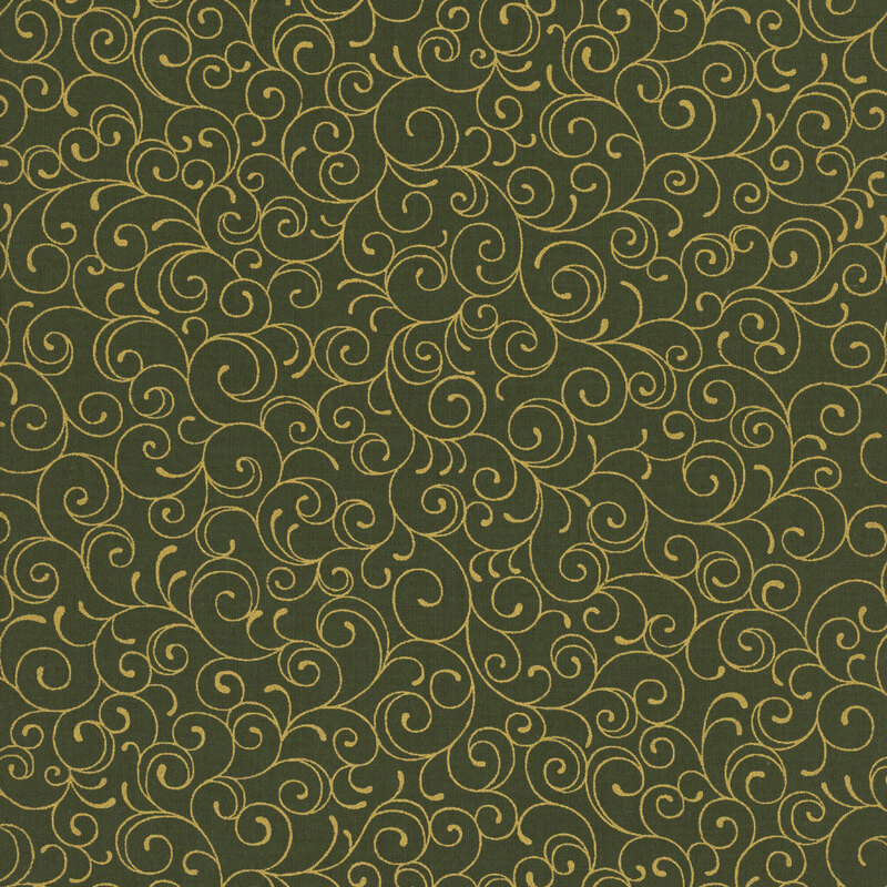 Forest green fabric featuring delicate gold metallic swirling lines.