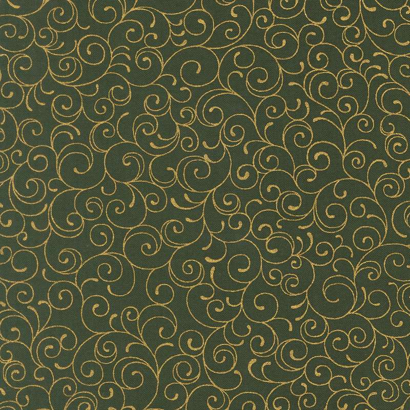 Forest green fabric featuring delicate gold metallic swirling lines.