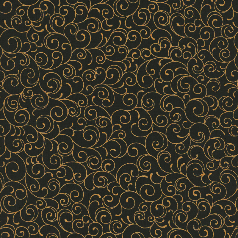 Black fabric featuring delicate gold metallic swirling lines.