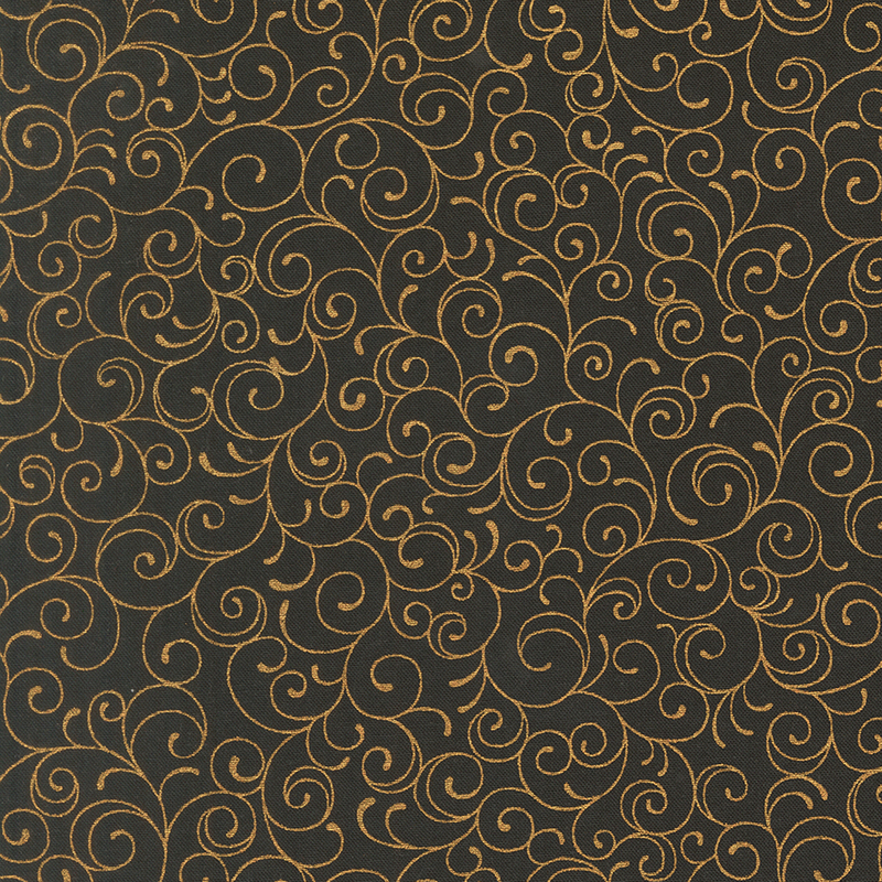 Black fabric featuring delicate gold metallic swirling lines.