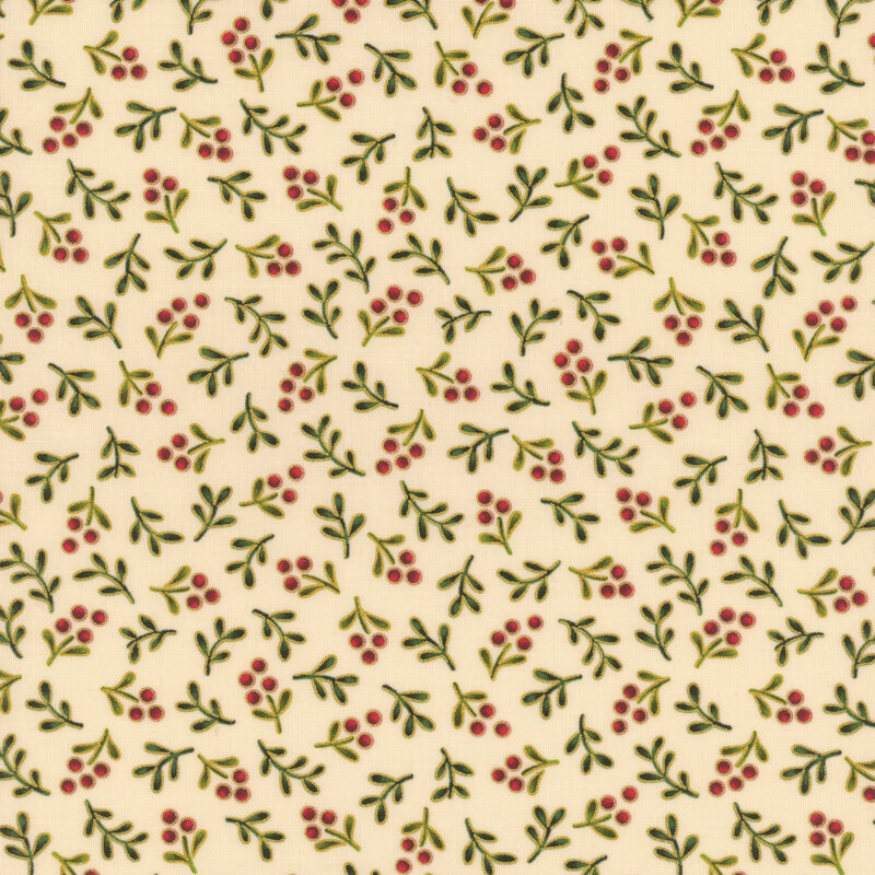 Delicate holly sprigs with gold metallic accents tossed on a cream background.