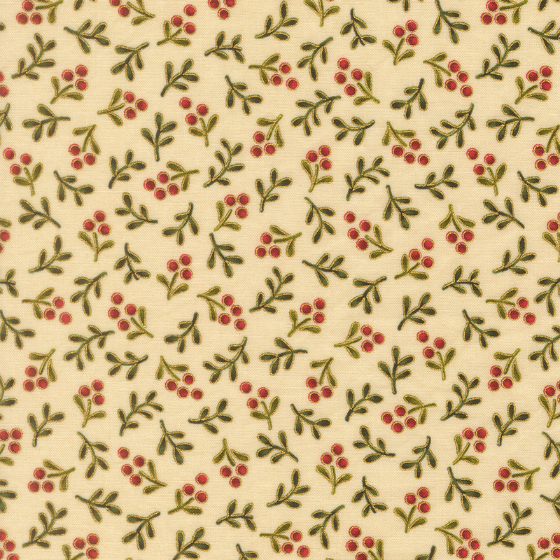 Delicate holly sprigs with gold metallic accents tossed on a cream background.