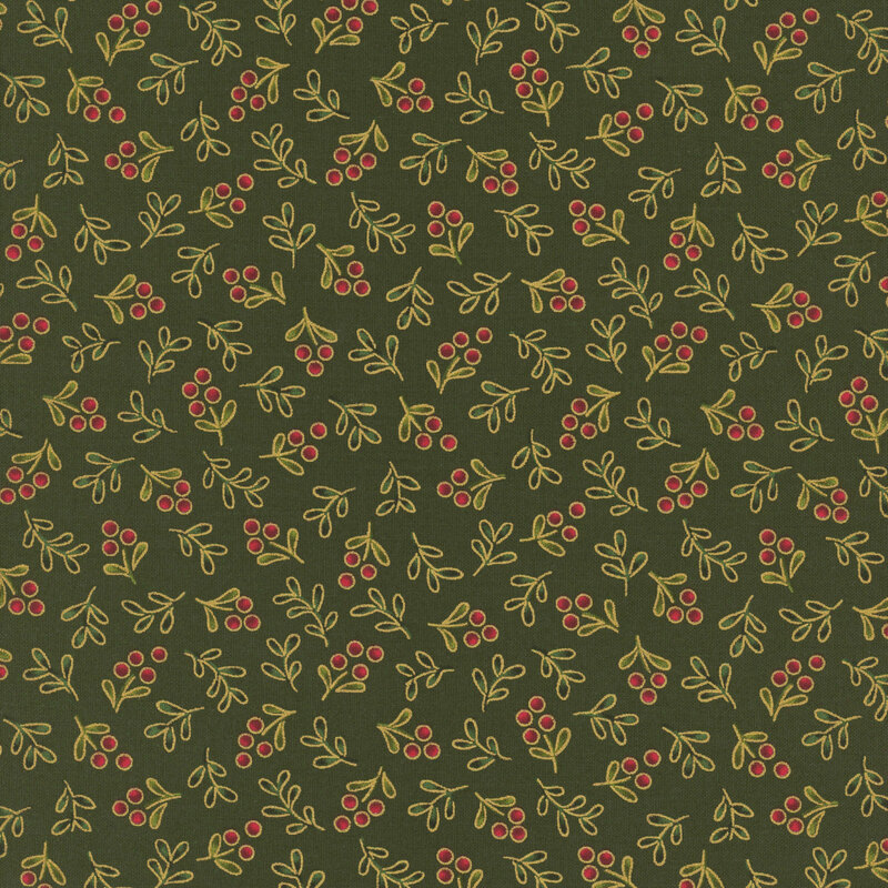 Delicate holly sprigs with gold metallic accents tossed on a forest green background.