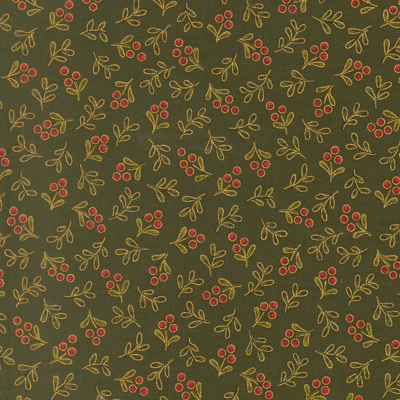 Delicate holly sprigs with gold metallic accents tossed on a forest green background.