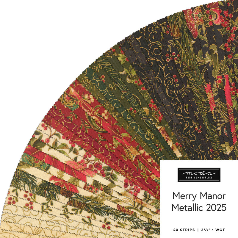 A collage of fabric strips in cream, red, green, and black with a Christmas theme in a circular display, labeled Merry Manor Metallic 2025 by Moda Fabrics.