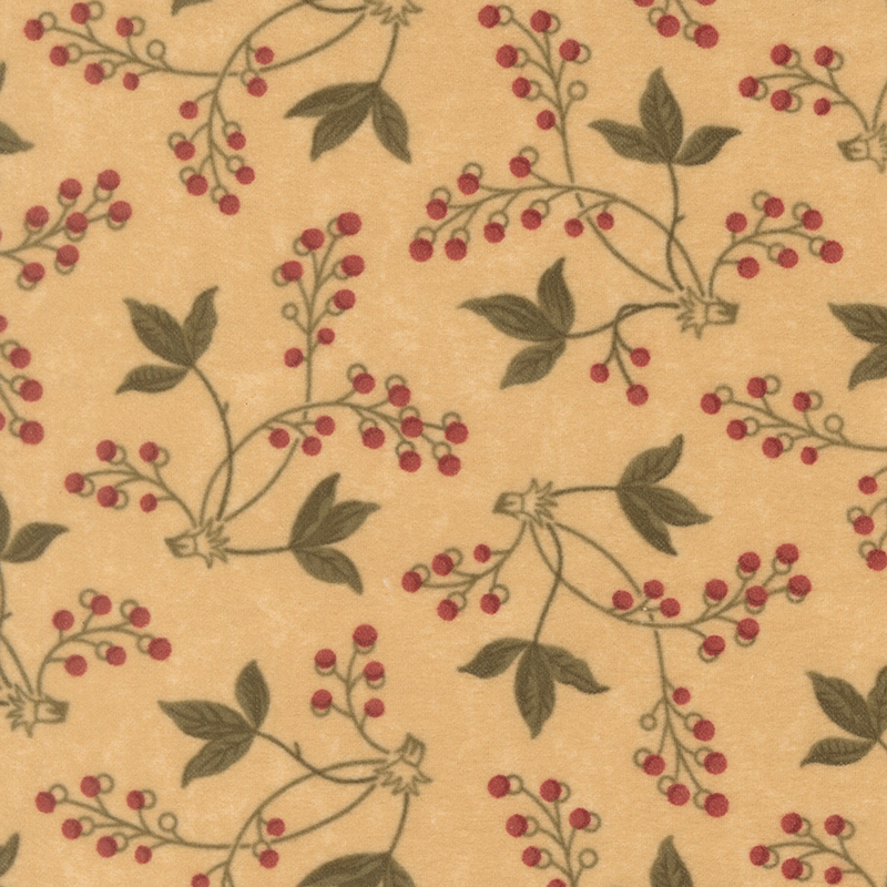 Beige flannel fabric featuring sprigs of red berries and green leafy stems.
