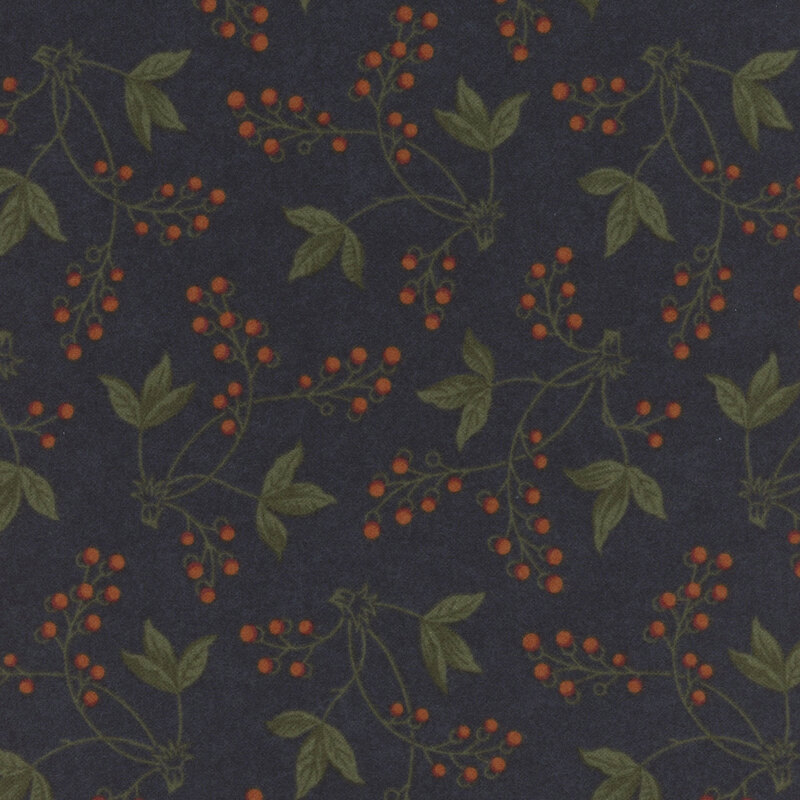 Navy flannel fabric featuring sprigs of berries and green leafy stems.
