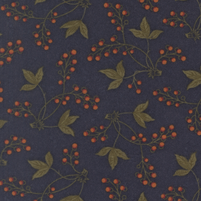 Navy flannel fabric featuring sprigs of berries and green leafy stems.