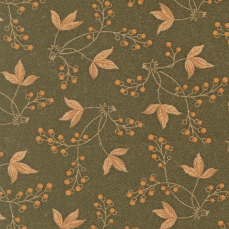 Olive green flannel fabric featuring sprigs of berries and tan leafy stems.