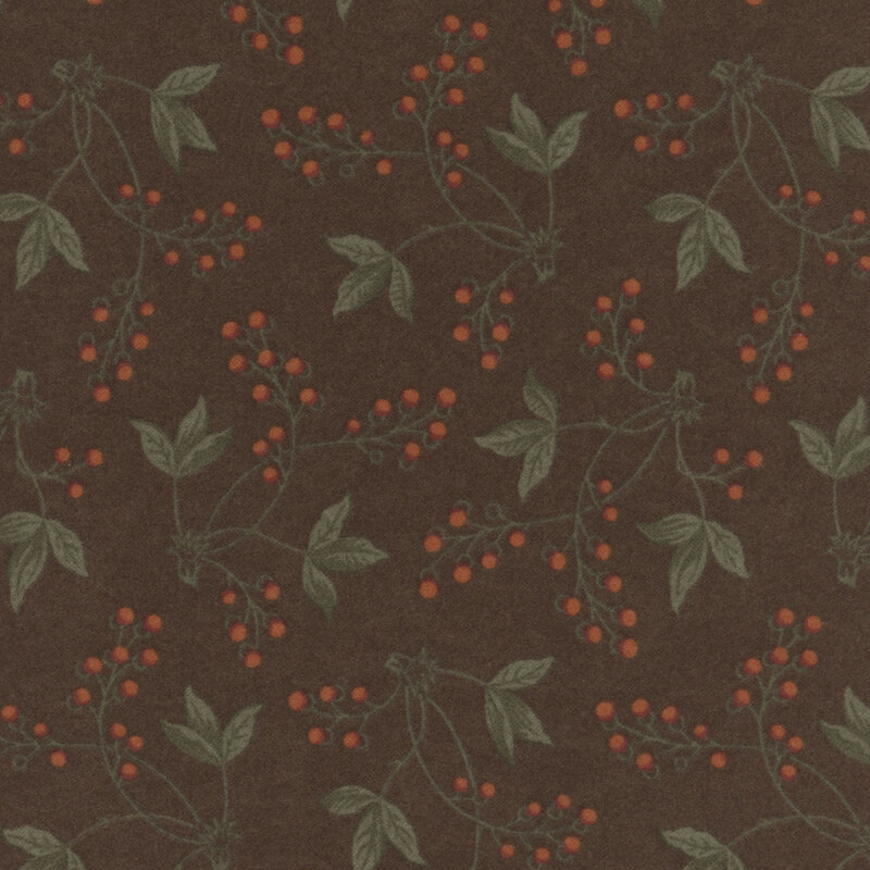 Chocolate brown flannel fabric featuring sprigs of berries and green leafy stems.