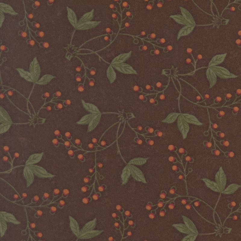 Chocolate brown flannel fabric featuring sprigs of berries and green leafy stems.