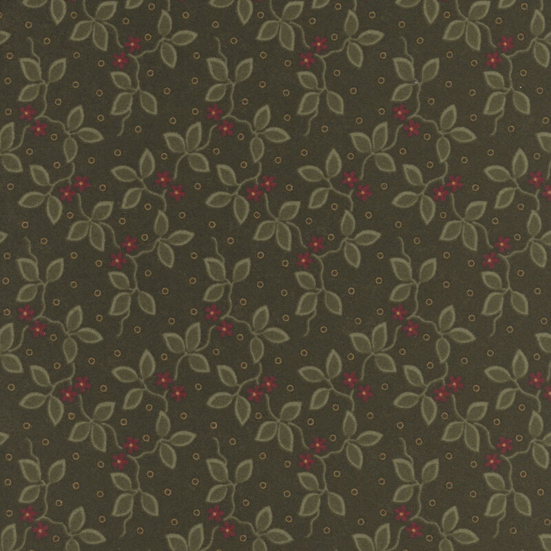 Dark green flannel fabric featuring small red flowers and green vines on a dotted background.