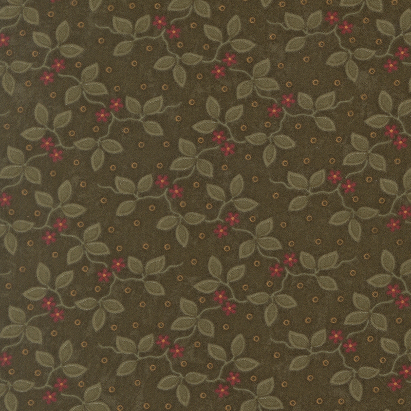 Dark green flannel fabric featuring small red flowers and green vines on a dotted background.