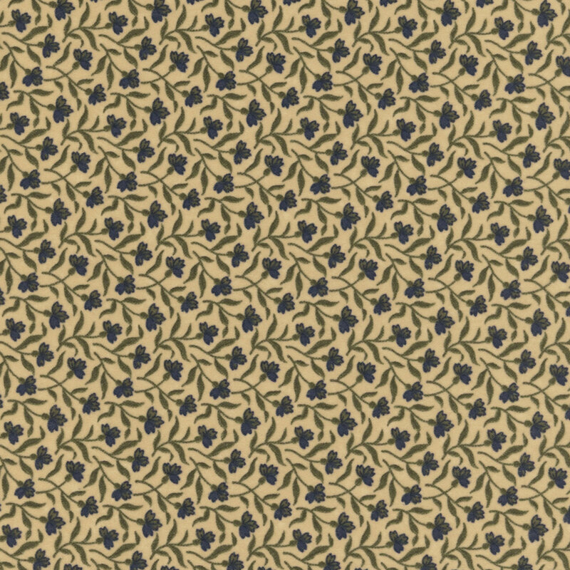 Tan flannel fabric tossed with delicate florals and thin leafy stems.