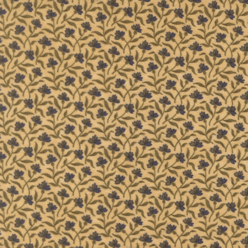 Tan flannel fabric tossed with delicate florals and thin leafy stems.