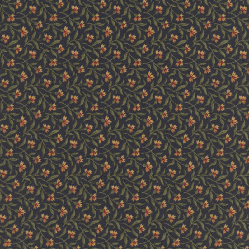 Navy flannel fabric tossed with delicate orange florals and thin leafy stems.