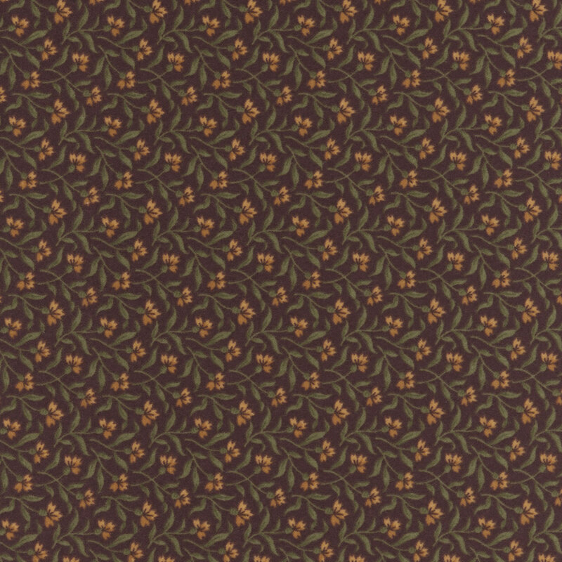 Mahogany flannel fabric tossed with delicate florals and thin leafy stems.