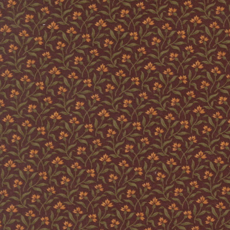 Mahogany flannel fabric tossed with delicate florals and thin leafy stems.