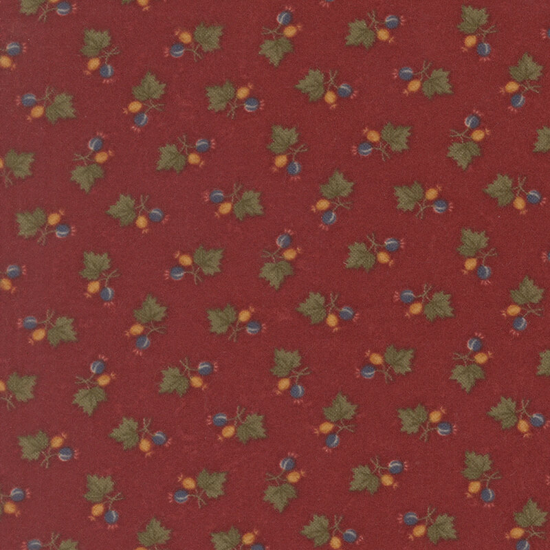 Auburn red flannel fabric featuring maple leaf and acorn sprigs.