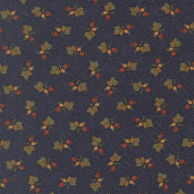 Navy blue flannel fabric featuring maple leaf and acorn sprigs.