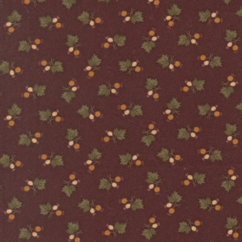 Mahogany flannel fabric featuring maple leaf and acorn sprigs.