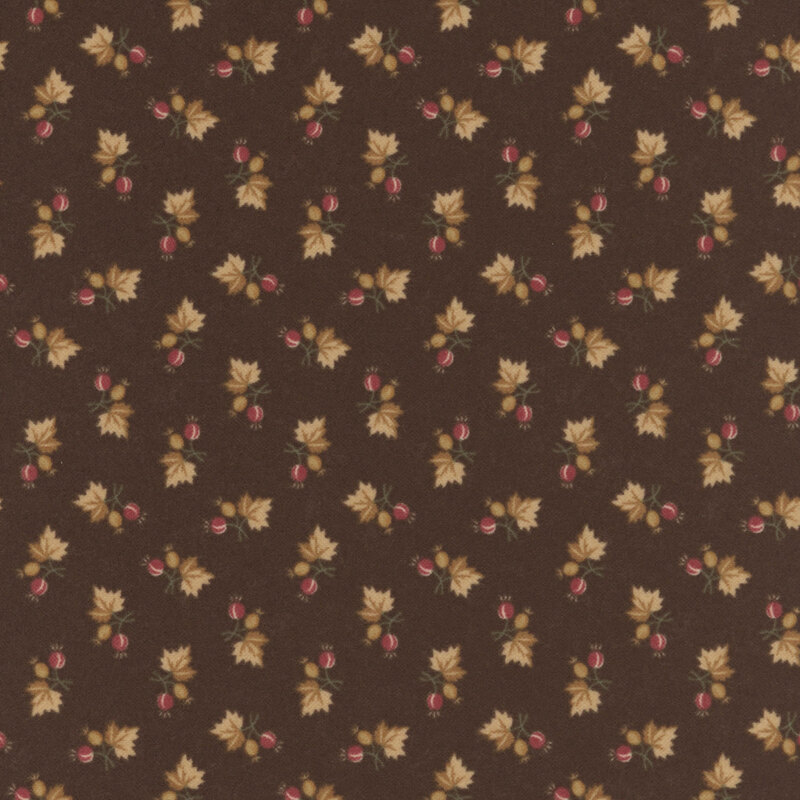 Chocolate brown flannel fabric featuring maple leaf and acorn sprigs.