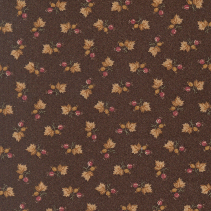 Chocolate brown flannel fabric featuring maple leaf and acorn sprigs.