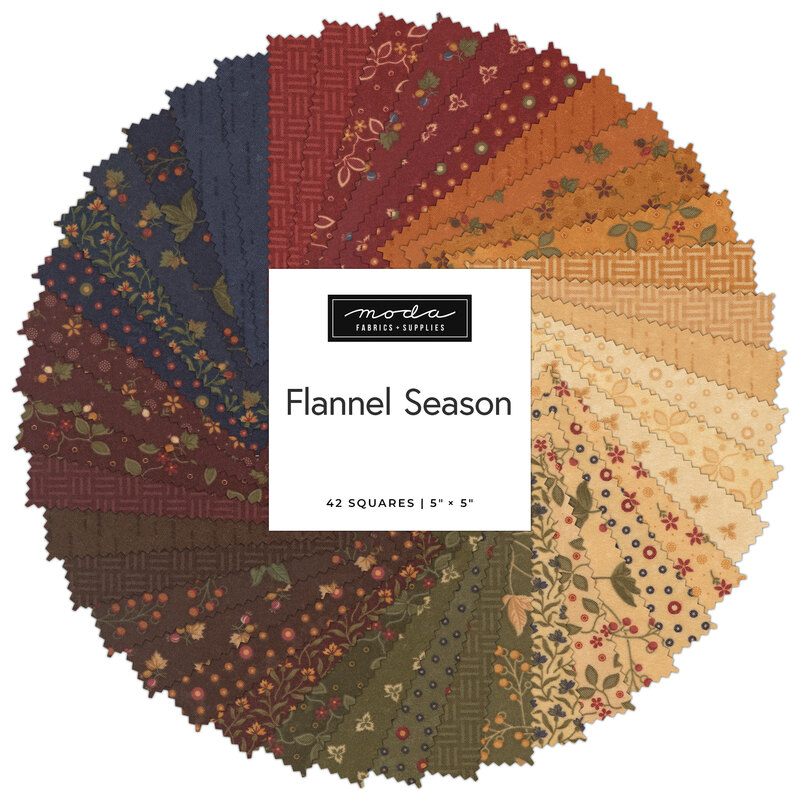 A collage of fabric swatches with an autumn theme arranged in a circular pattern, labeled Flannel Season for Moda Fabrics.