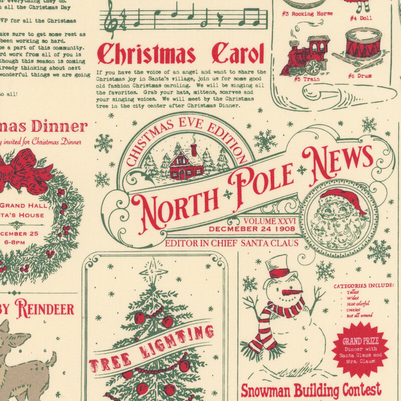 Tan fabric featuring the North Pole News with articles, images, and recipes for the Christmas season.