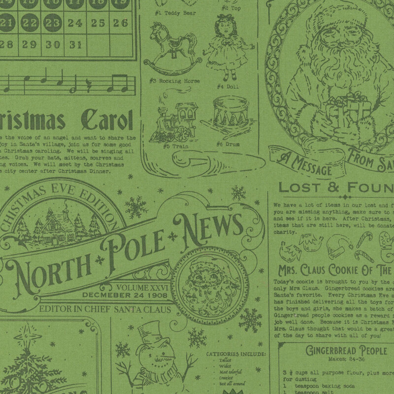 Tonal green fabric featuring the North Pole News with articles, images, and recipes for the Christmas season.