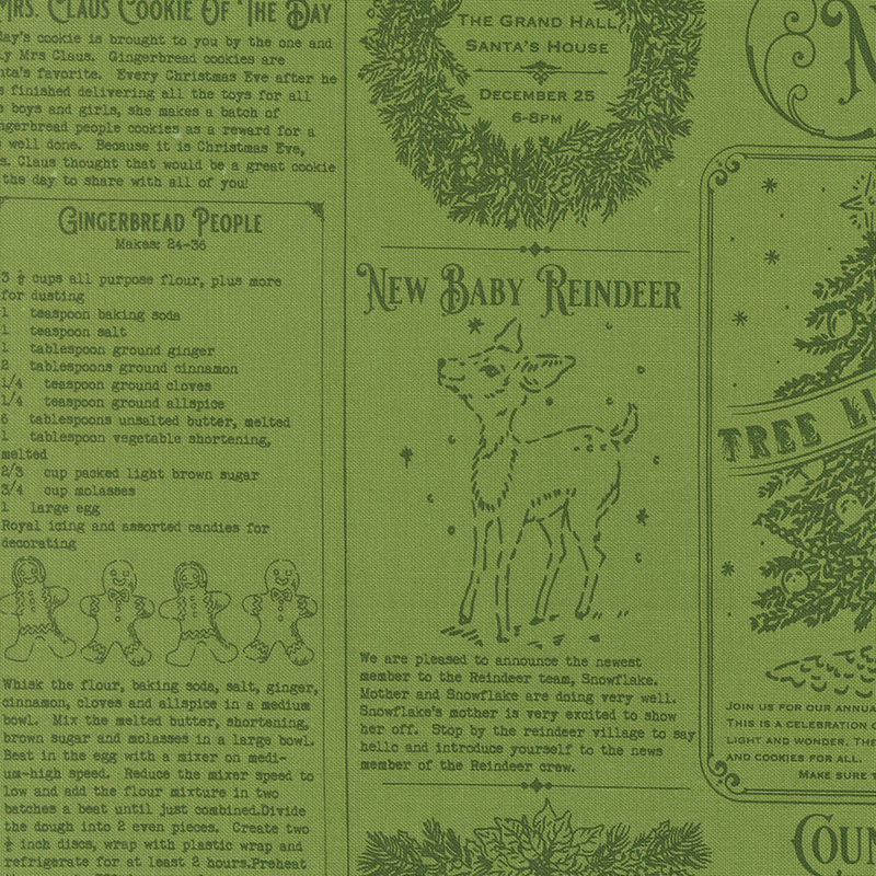 Tonal green fabric featuring the North Pole News with articles, images, and recipes for the Christmas season.
