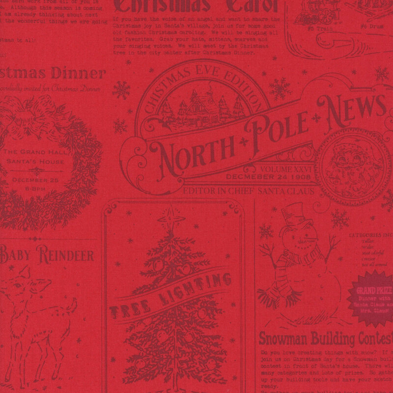 Tonal red fabric featuring the North Pole News with articles, images, and recipes for the Christmas season.